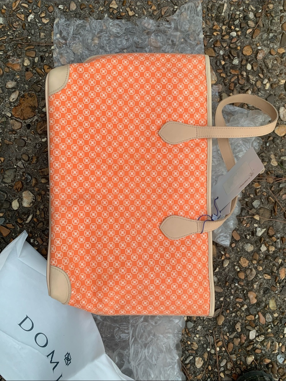 Orange Patterned Canvas Tote with Beige Trim by Dominie